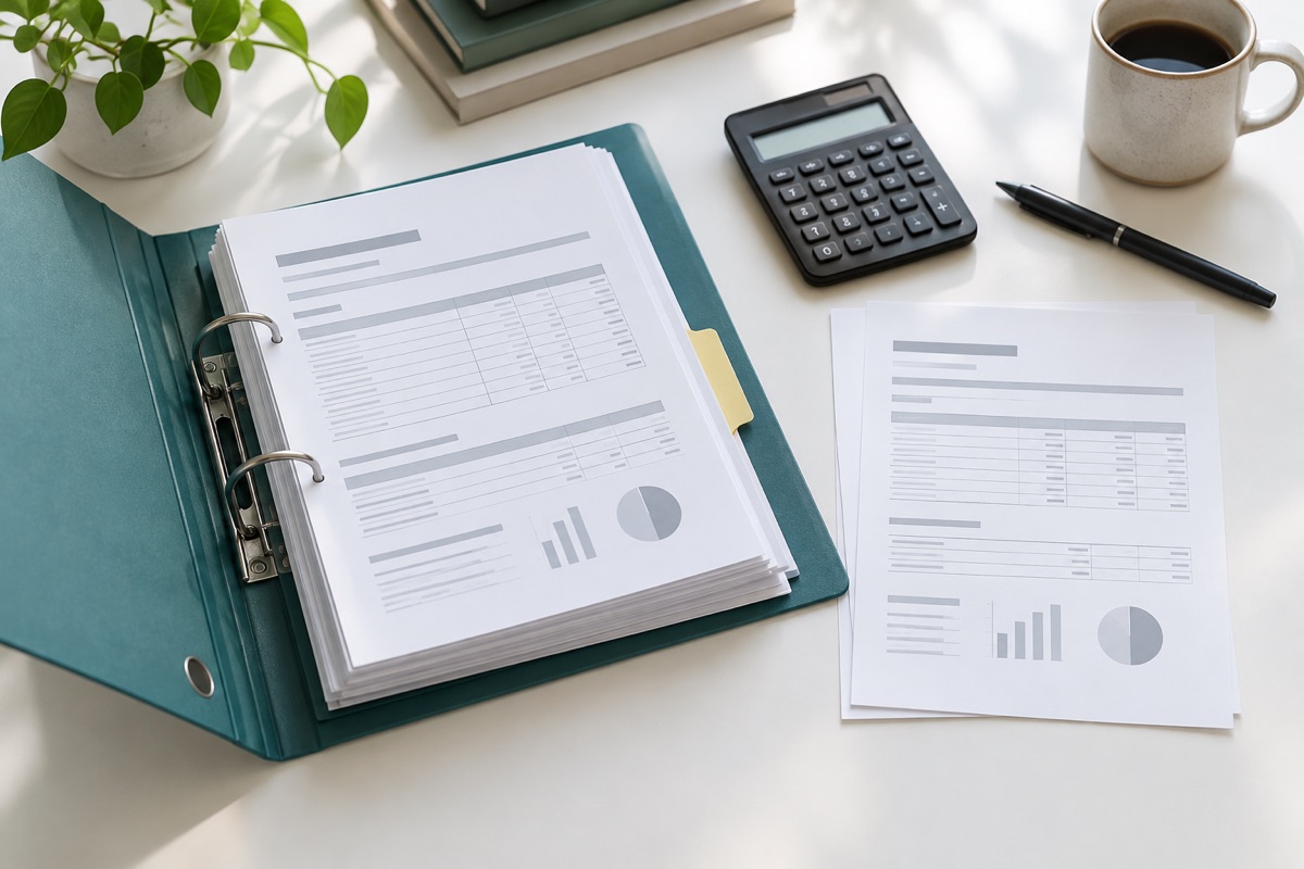 Thick set of fictional accounting pages in a teal folder beside a shorter paper set, calculator and pen