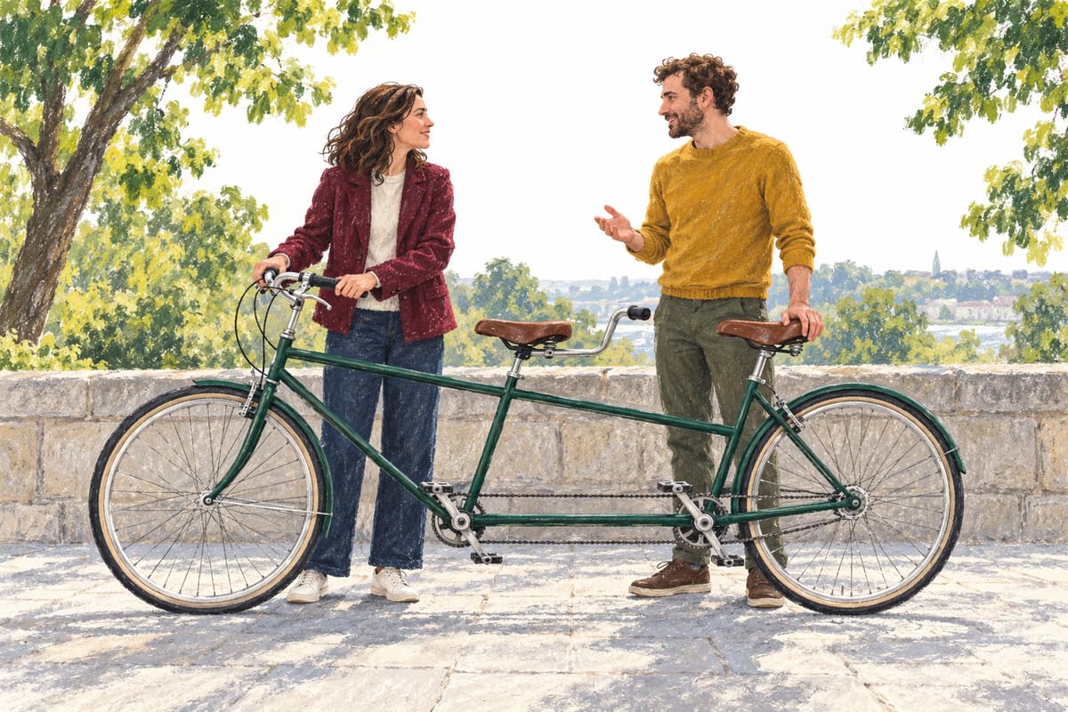 Oil-pastel illustration of two fictional adults standing beside a green tandem bicycle in a paved park, preparing to travel together