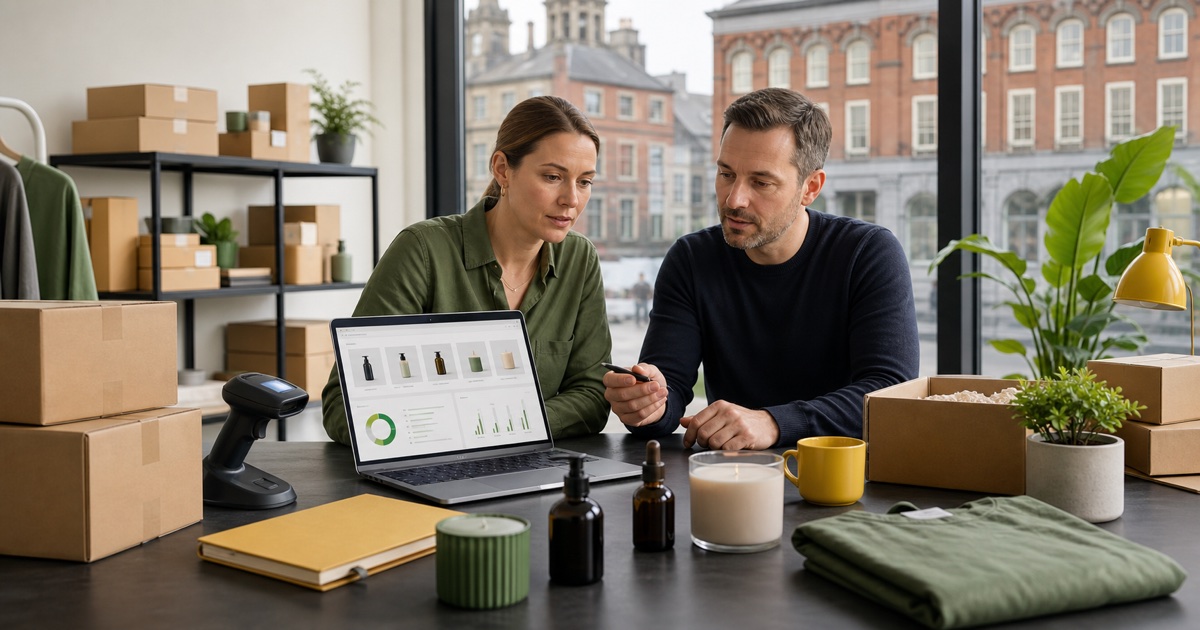 Ecommerce founders reviewing products and fulfilment for an Irish Amazon seller company