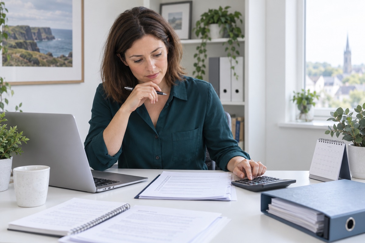 Business founder checking company records and calculating annual return administration costs