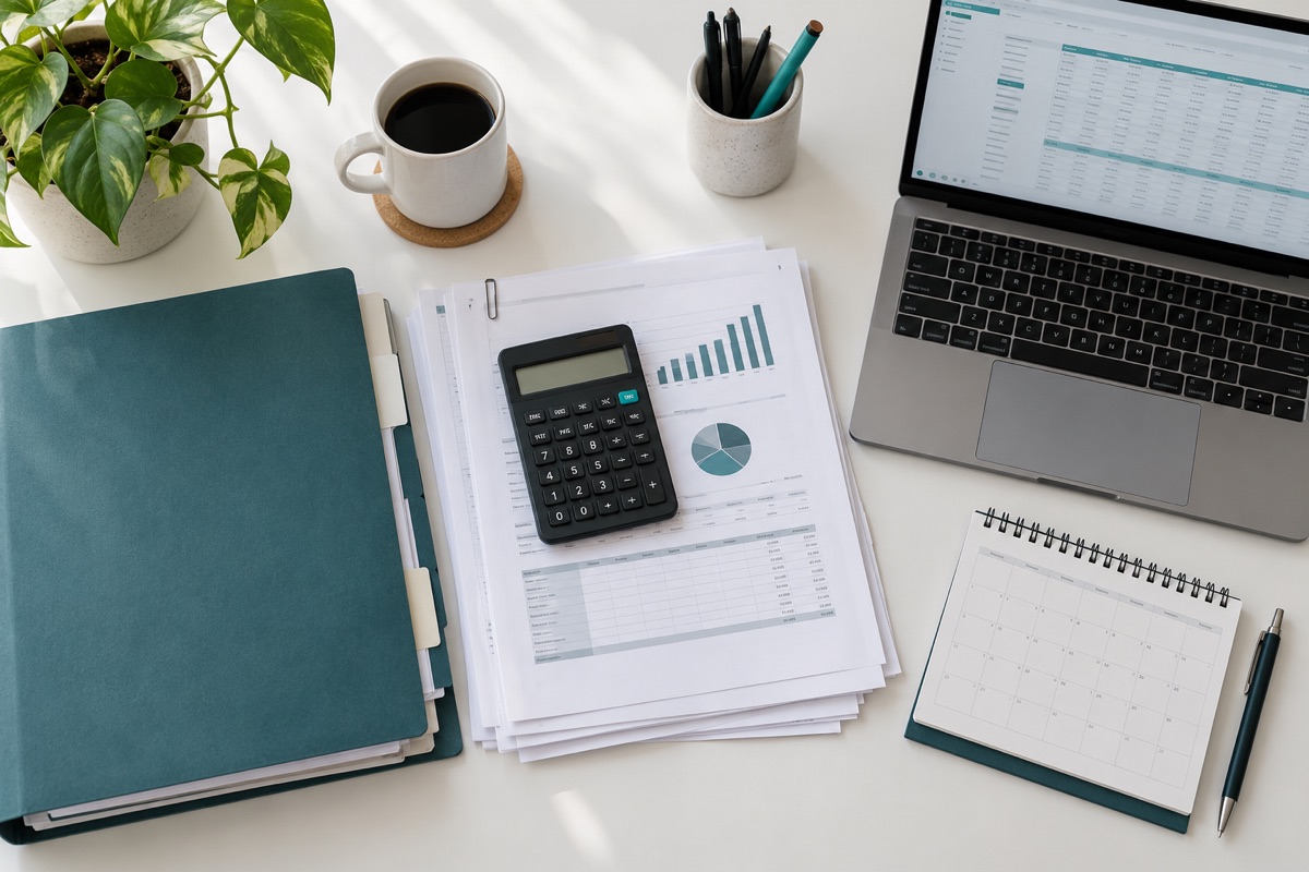 Illustration of a company records folder, accounting papers, calculator, calendar and laptop on a desk
