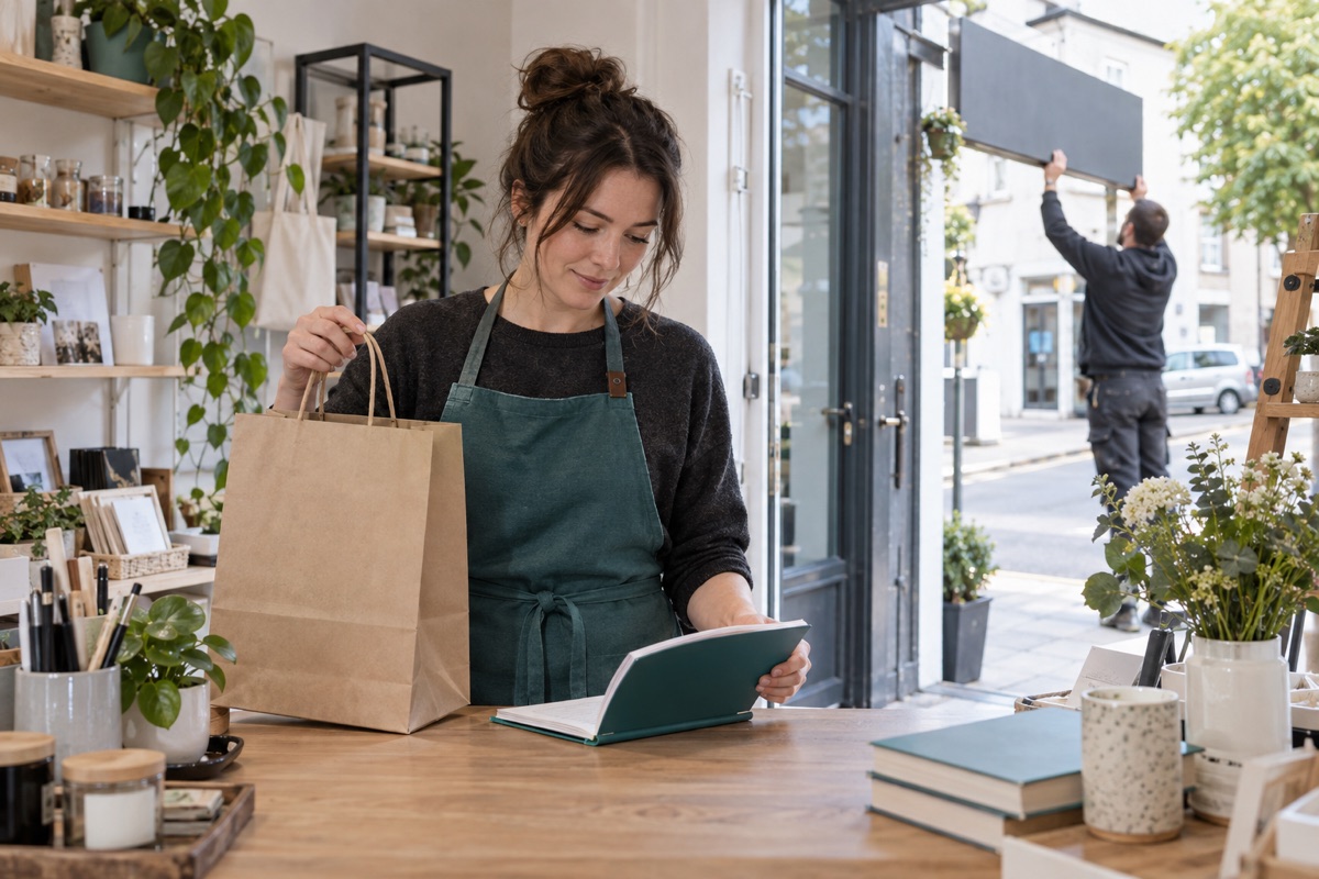 Small-business founder reviewing a notebook in a shop while a blank storefront sign is installed