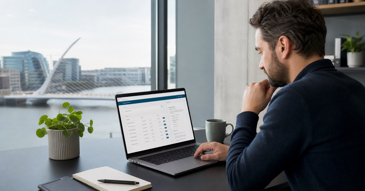 Founder using an Irish company search to review CRO company records on a laptop in Dublin