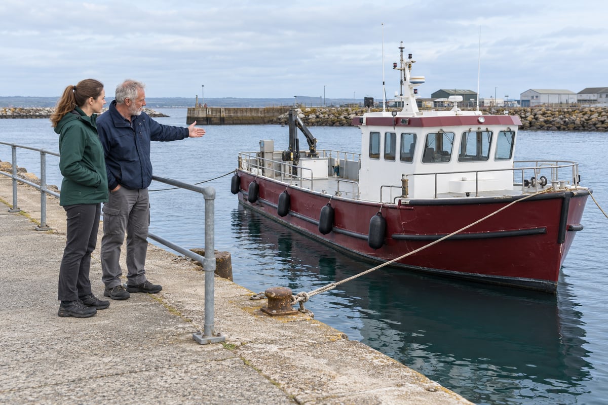 Two adults on a harbour quay looking at a moored burgundy and white workboat behind a safety rail
