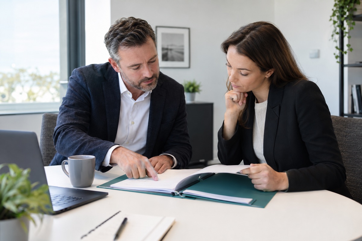 Illustration of two professionals reviewing a company governance folder together at an office table
