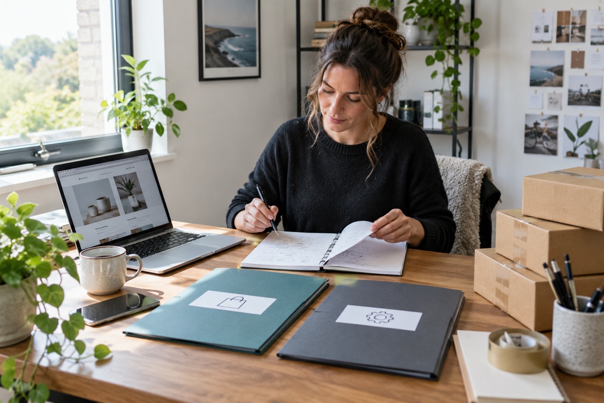 Editorial illustration of a founder planning business activities with a notebook, laptop, parcels and project folders