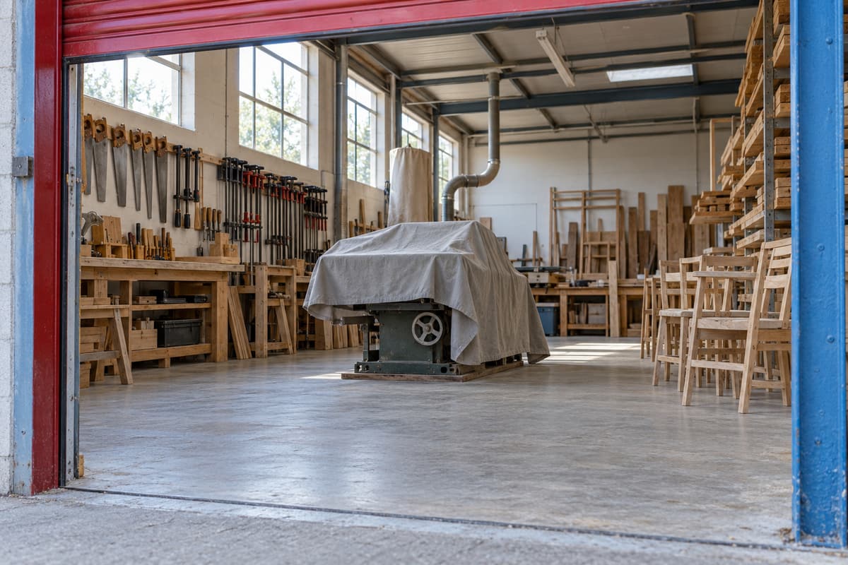 Quiet furniture workshop with a covered woodworking machine, retained timber and unfinished chairs viewed through a red and blue doorway