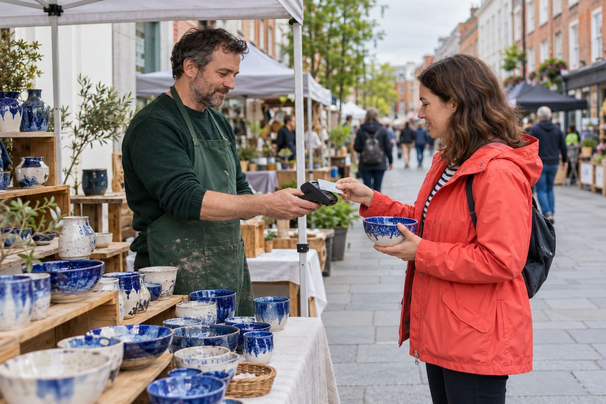 Fictional potter accepting a contactless card payment from a customer holding a blue ceramic bowl at an outdoor market stall