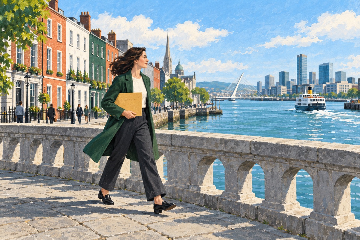 Editorial illustration of a fictional business owner carrying an ochre envelope across a bridge beside a harbour and city buildings