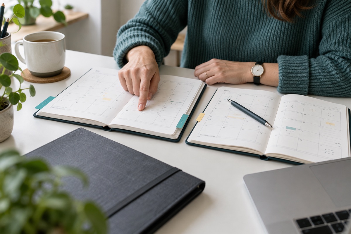 Fictional founder comparing two tabbed paper planners beside a charcoal folder and an unbranded laptop