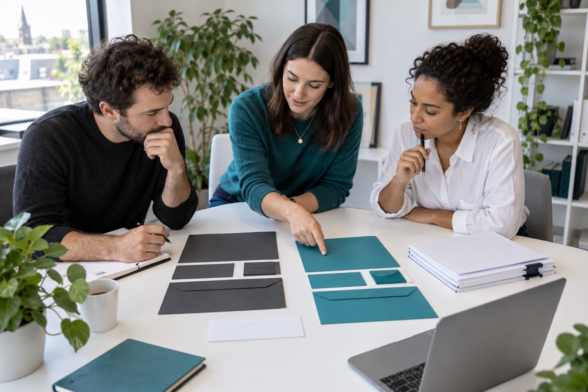 Three colleagues reviewing teal and charcoal stationery beside company records during a rebranding meeting