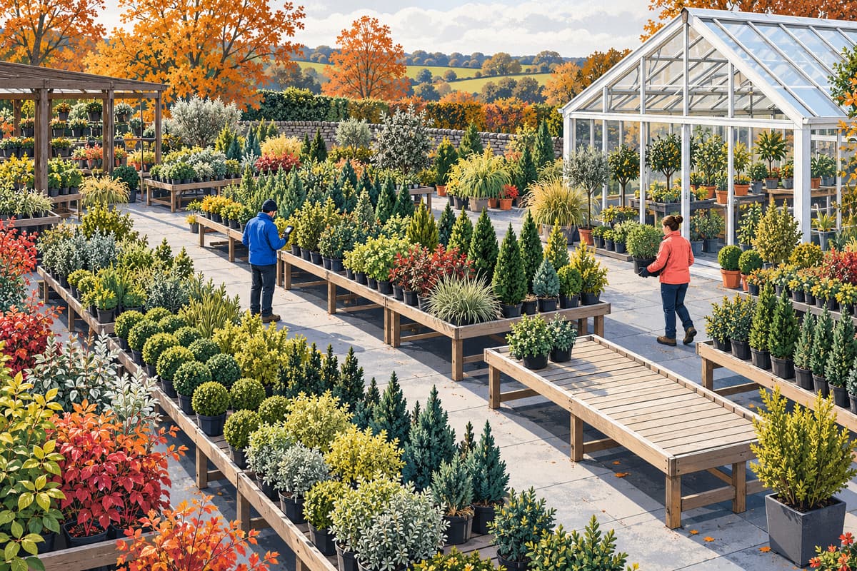Editorial illustration of two fictional garden-centre workers counting potted plants beside a greenhouse during an autumn stocktake