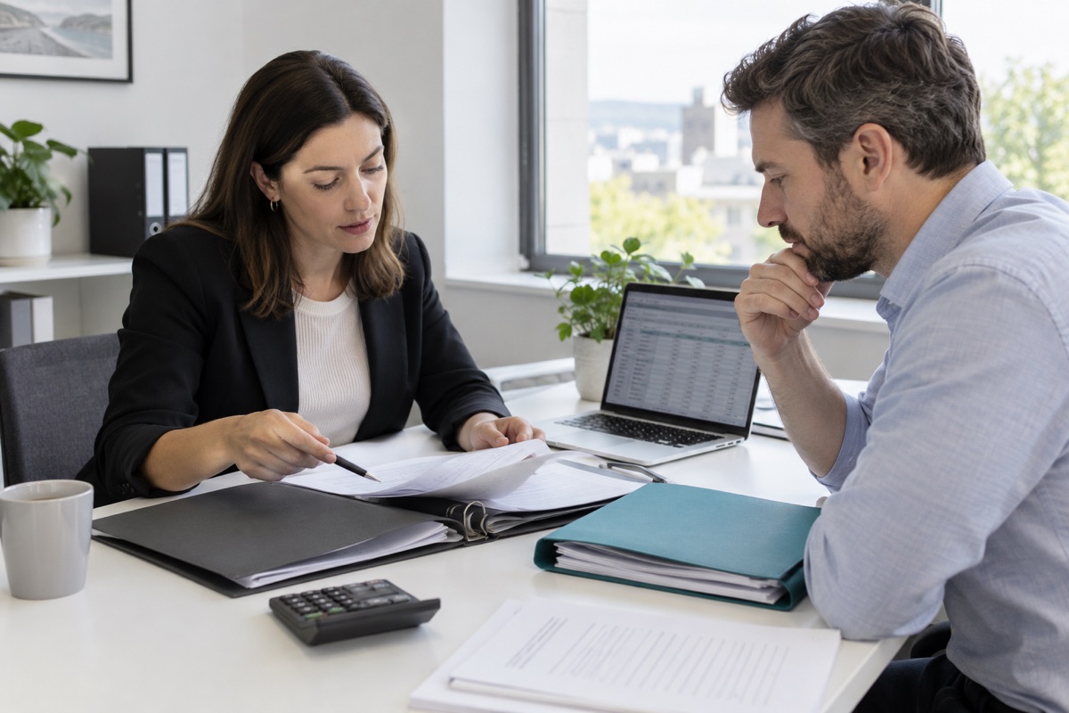 Editorial illustration of two professionals reviewing accounting papers beside charcoal and teal folders, a laptop and calculator