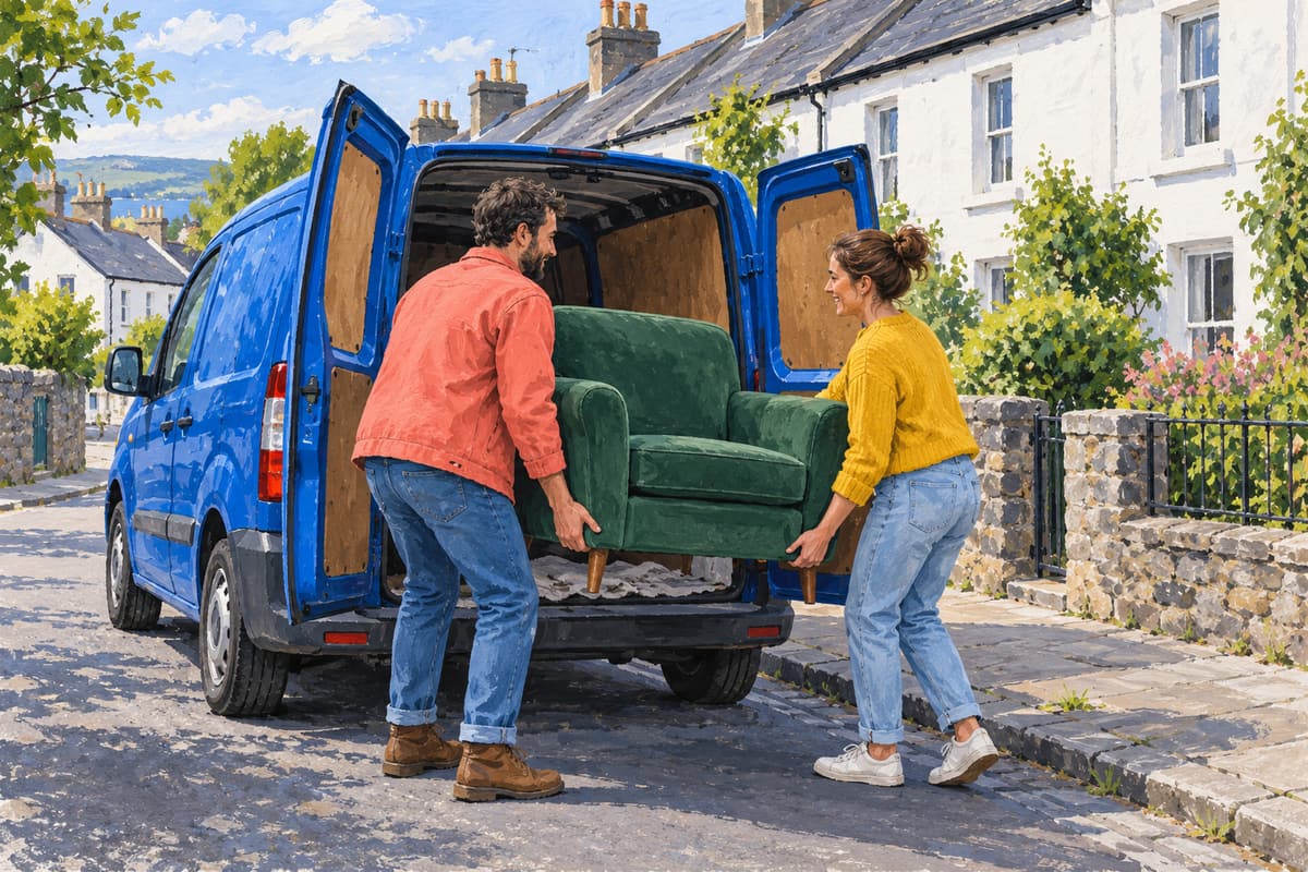 Gouache illustration of two fictional adults loading a green second-hand armchair into a blue van on an Irish residential street