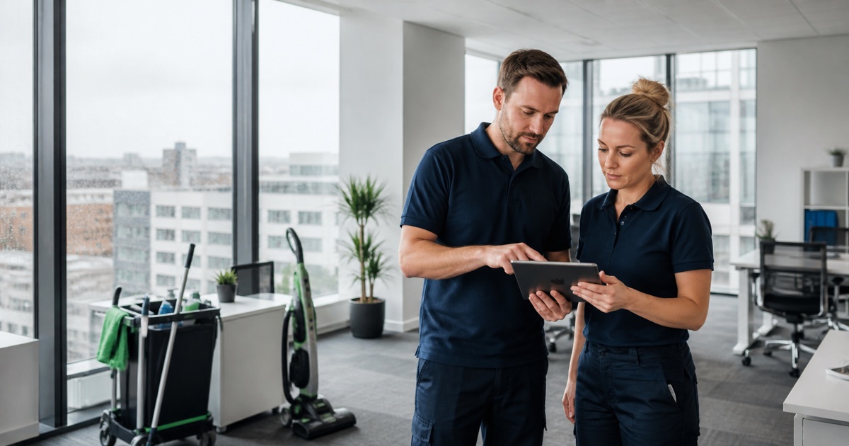 Owners of an Irish commercial cleaning company reviewing a service plan in a Dublin office