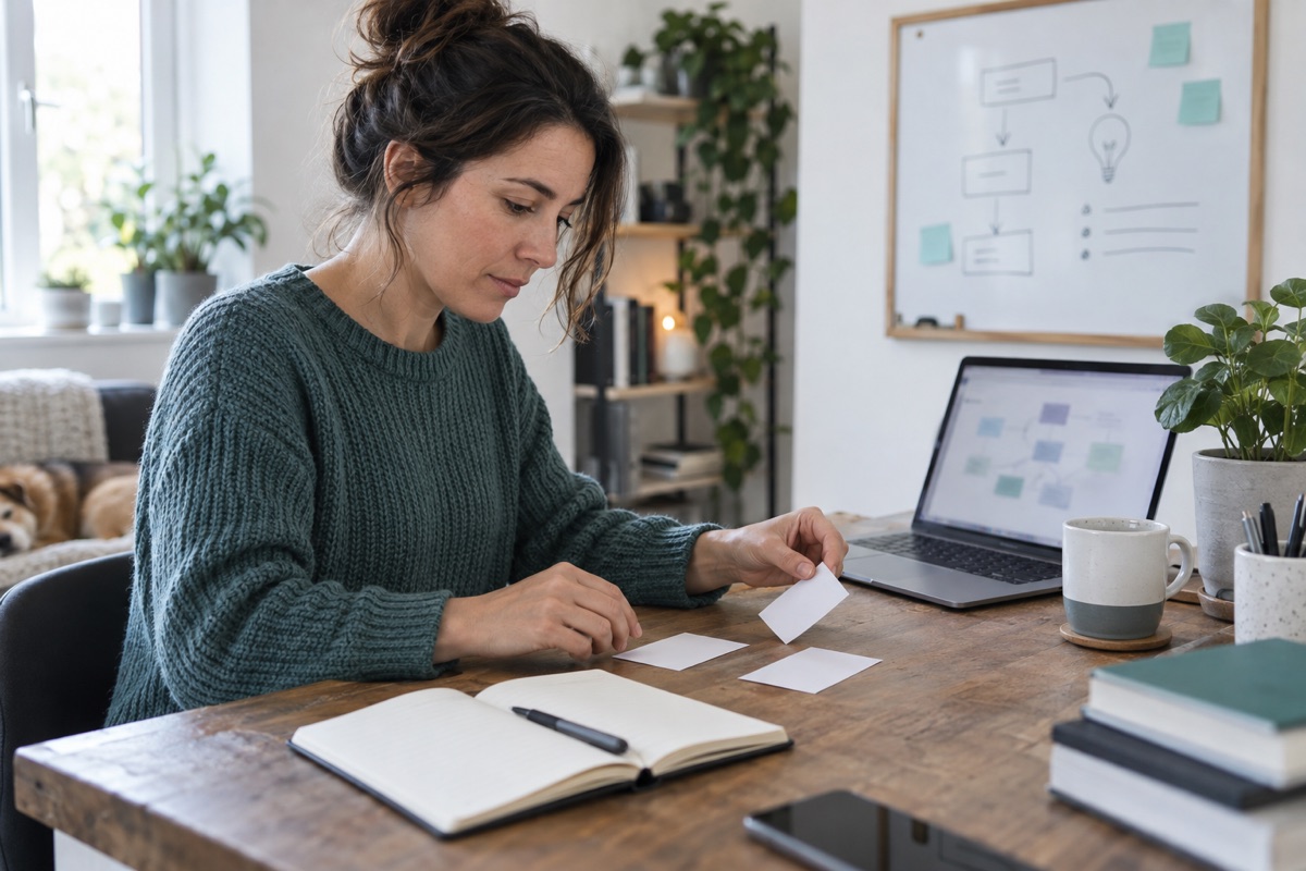 Fictional entrepreneur sorting blank planning notes beside a notebook, laptop and whiteboard in a home workspace