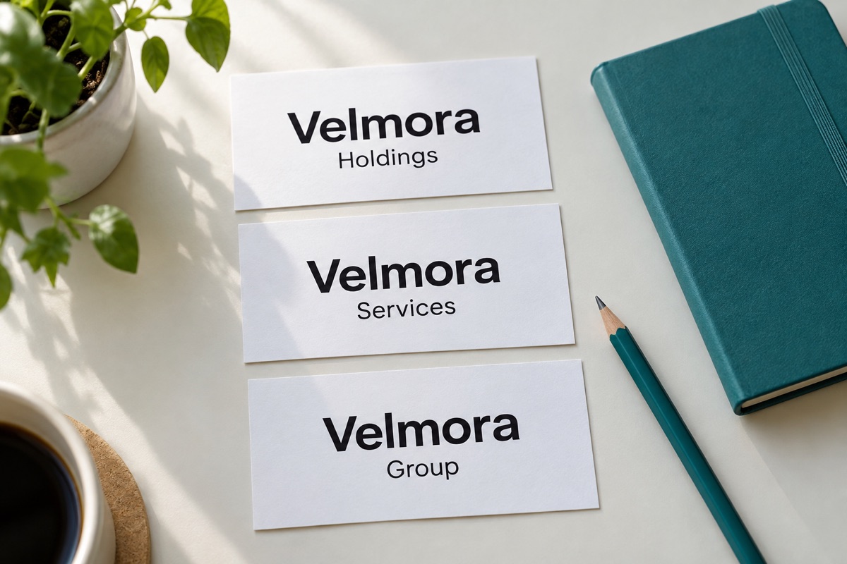 Three fictional Velmora naming cards with Holdings, Services and Group beneath the same core word