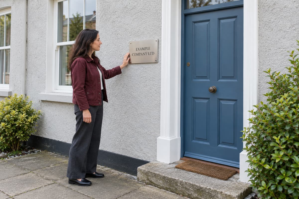 Fictional woman checking an Example Company Ltd nameplate beside a blue front door at a home workspace