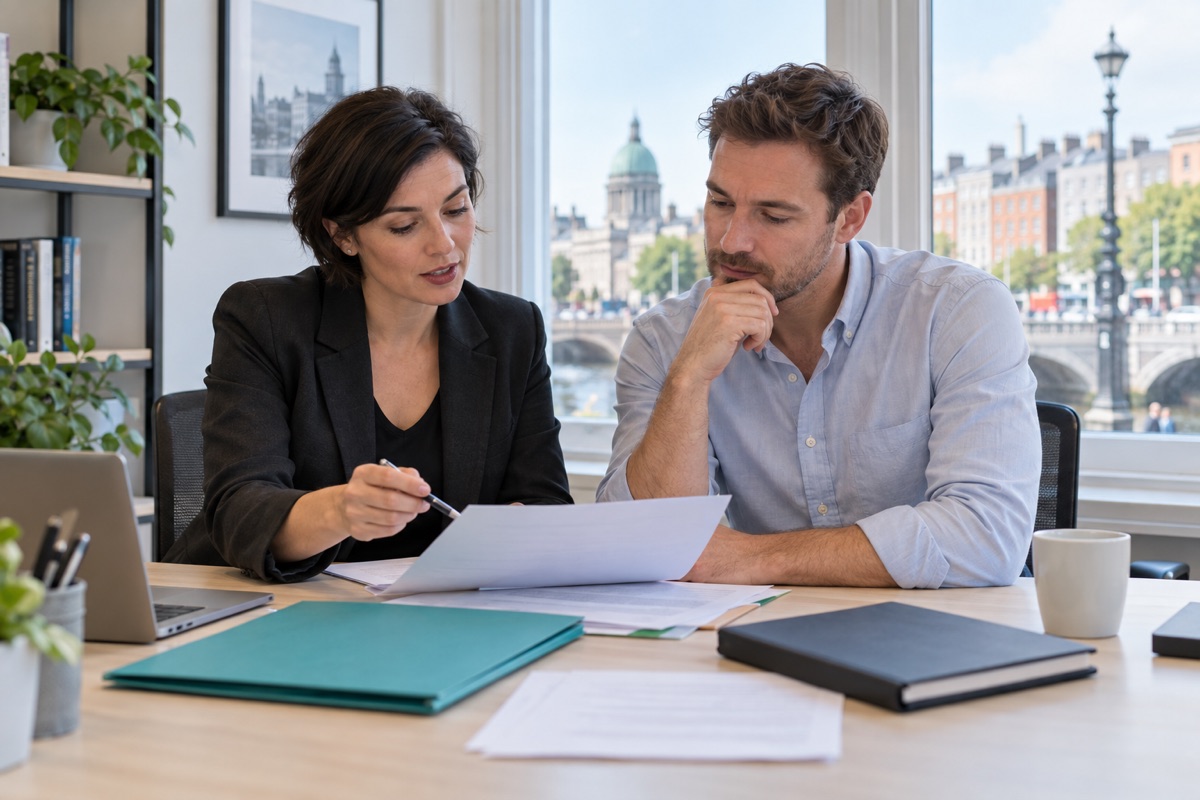 Two businesspeople reviewing company governance records and an annual administration budget