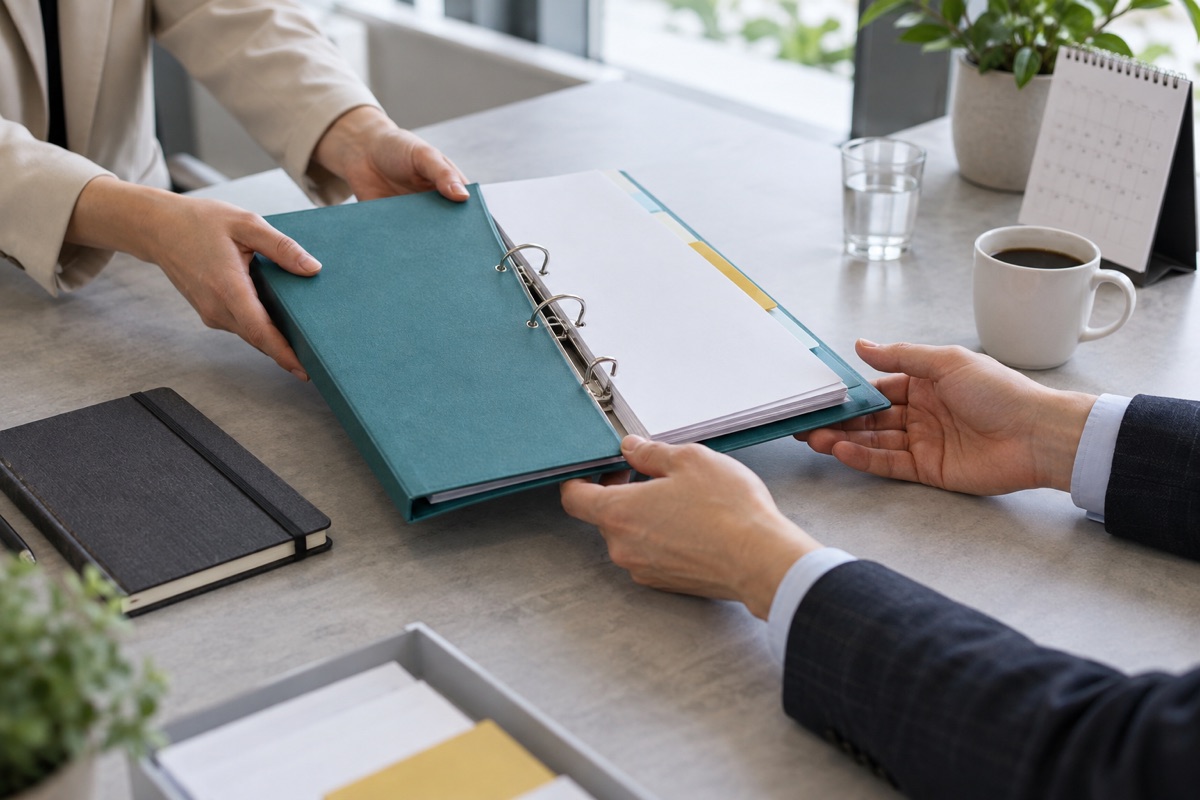 Hands of two fictional professionals passing an open teal binder with blank divider sheets across a meeting table