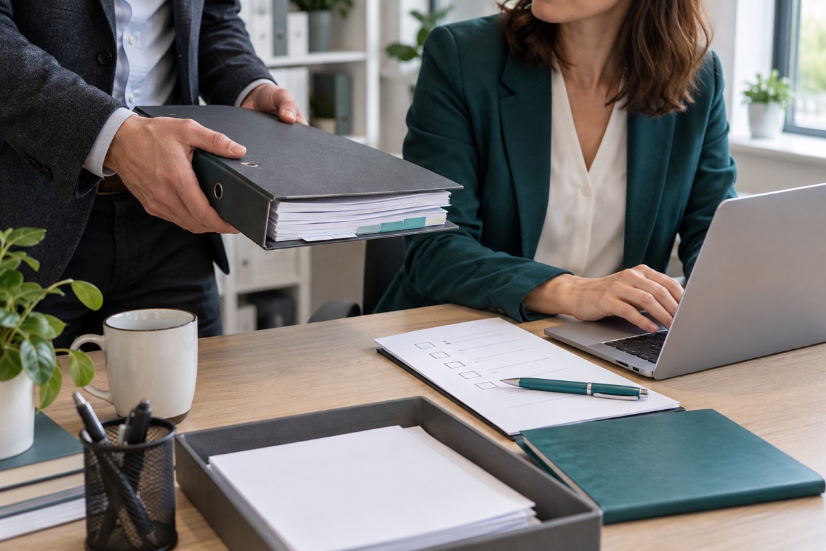 Fictional professionals handing over a paper records binder beside a laptop and checklist