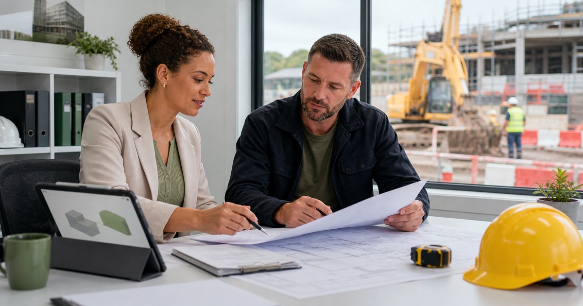 Construction business owner and adviser planning an Irish company beside an active building site