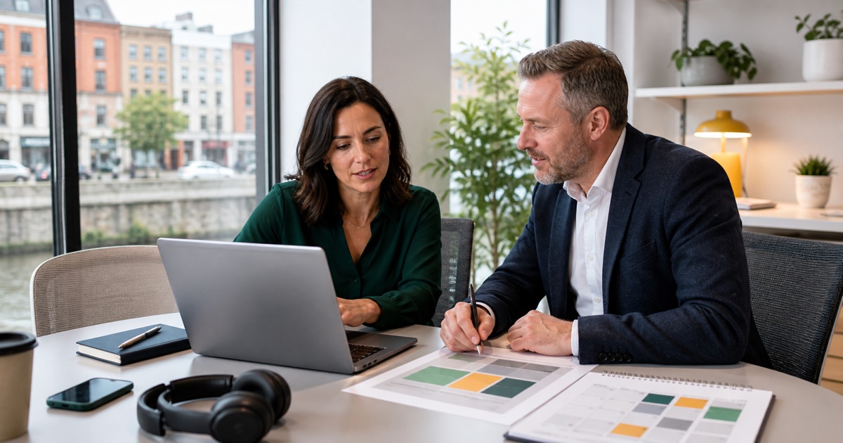 Independent consultant and adviser planning an Irish limited company in a Dublin workspace