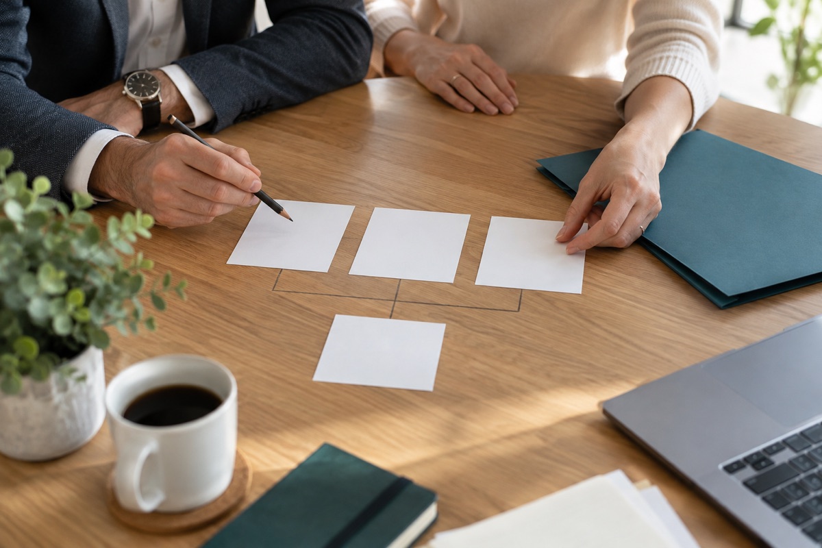 Fictional founders arranging blank ownership-planning sheets connected by pencil lines beside a teal folder