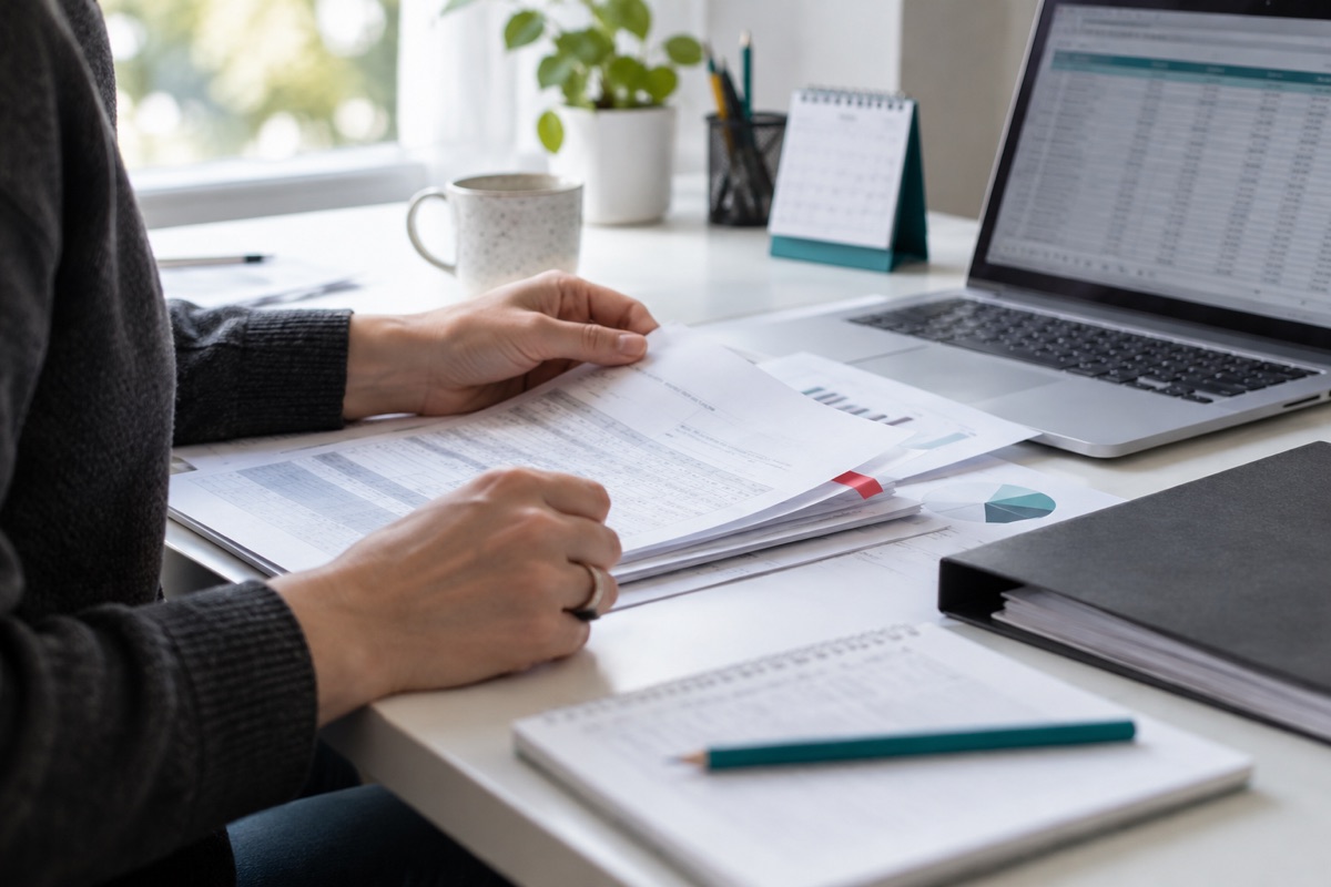 Editorial illustration of hands reviewing accounting papers with a red page tab beside a laptop, calendar and charcoal folder