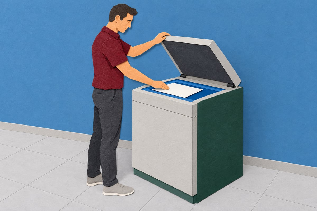 Cut-paper illustration of a man placing a single page on an open standing document scanner