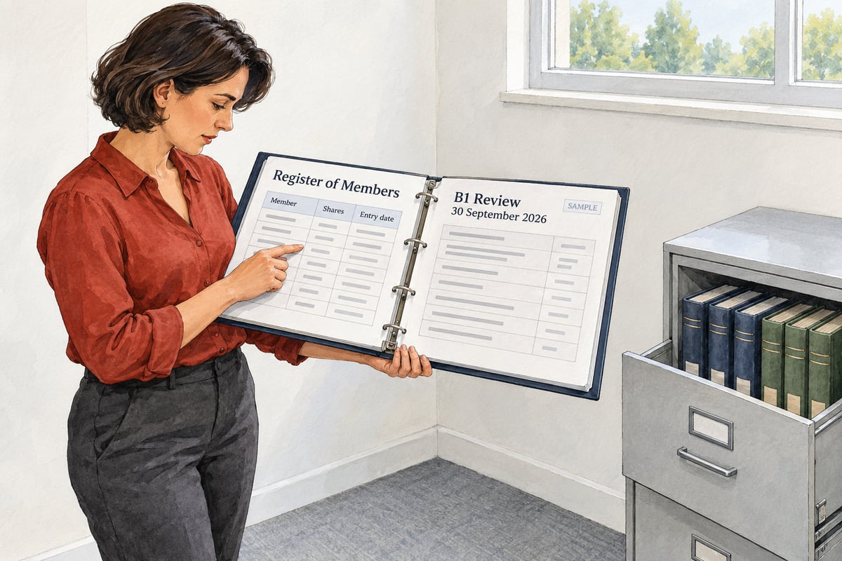 Company secretary reviewing a register of members and a sample B1 worksheet dated 30 September 2026 beside a filing cabinet