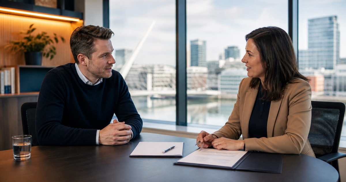 Founder and adviser reviewing Irish company incorporation documents for CRO Form A1