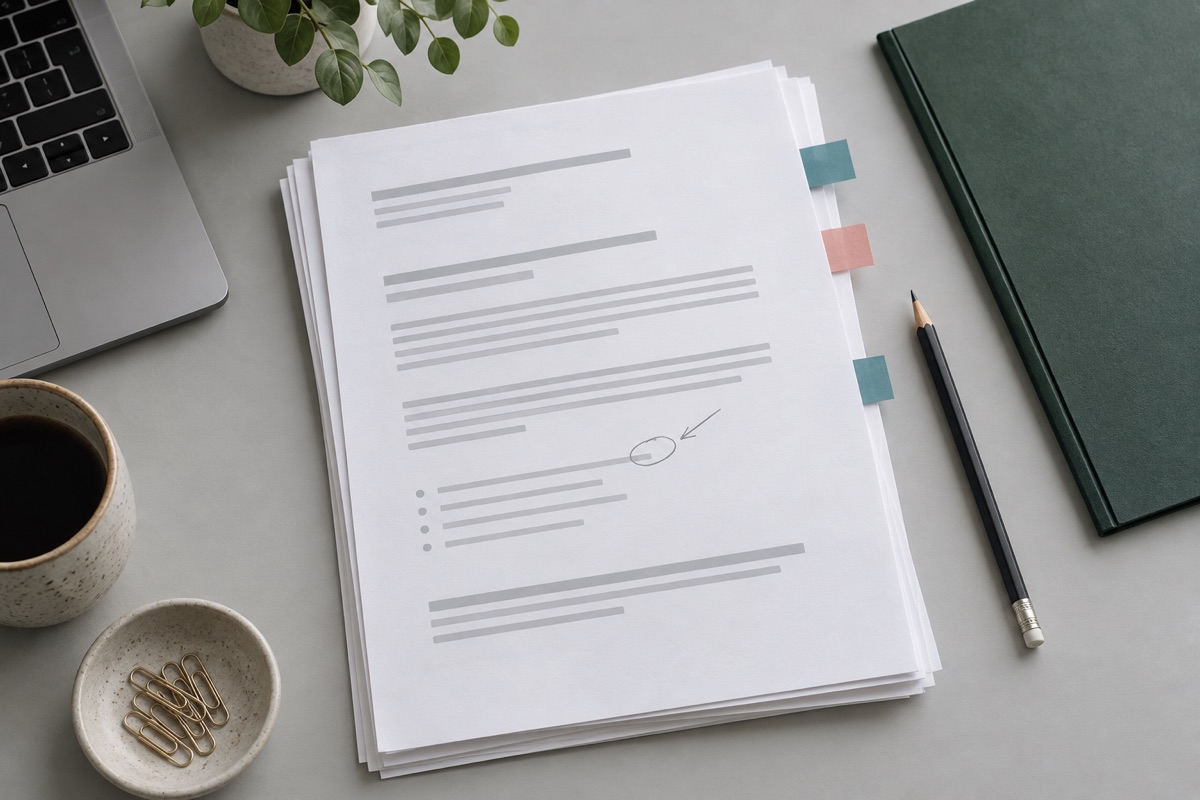 Generic draft pages with teal and coral tabs and a pencil revision mark beside a green folder and laptop