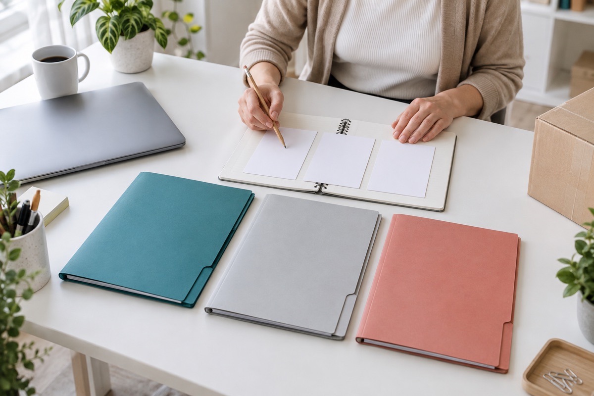 A fictional business records desk with separate teal, grey and coral folders, blank cards, a notebook and a shipping box