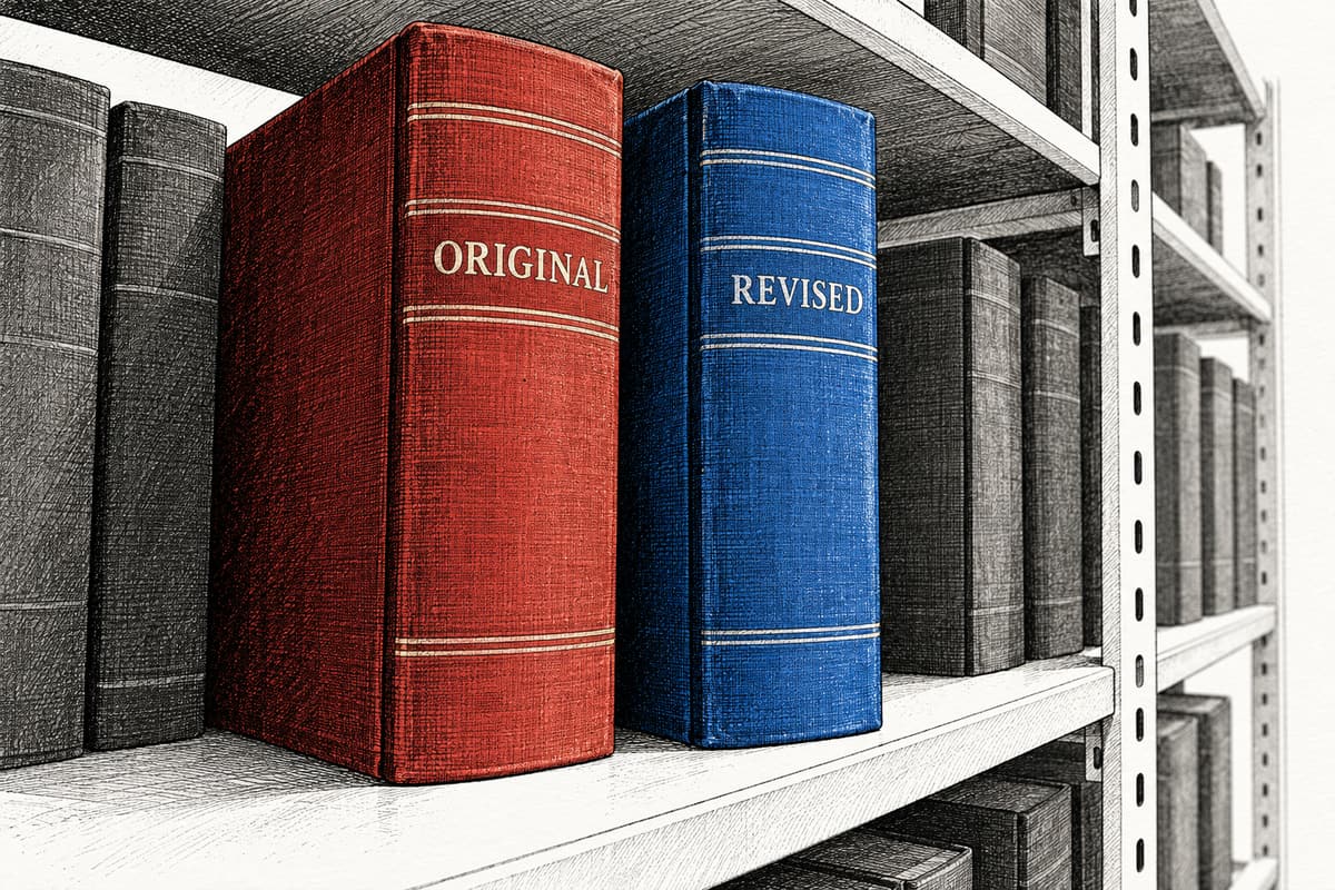 Crosshatched archive illustration showing intact red Original and blue Revised report volumes standing together on a shelf