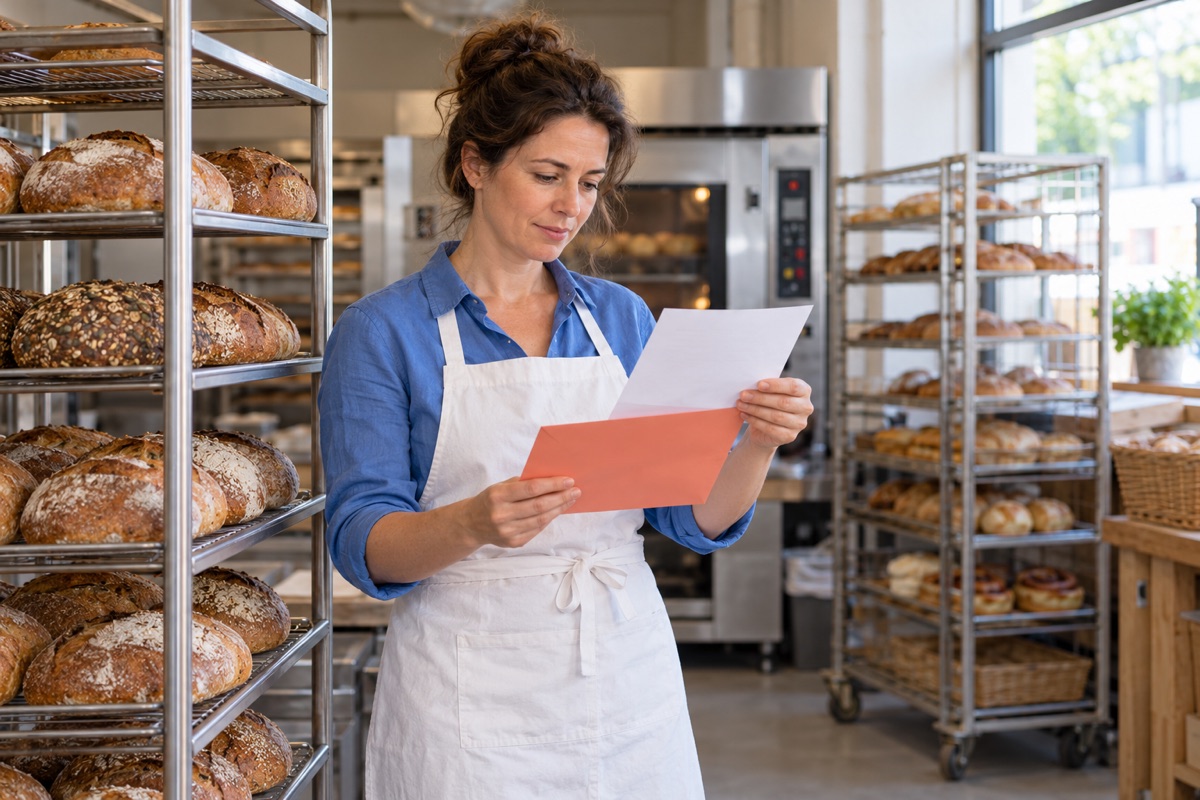 Fictional bakery owner in a white apron reviewing a letter from a coral envelope beside bread racks in a working bakery