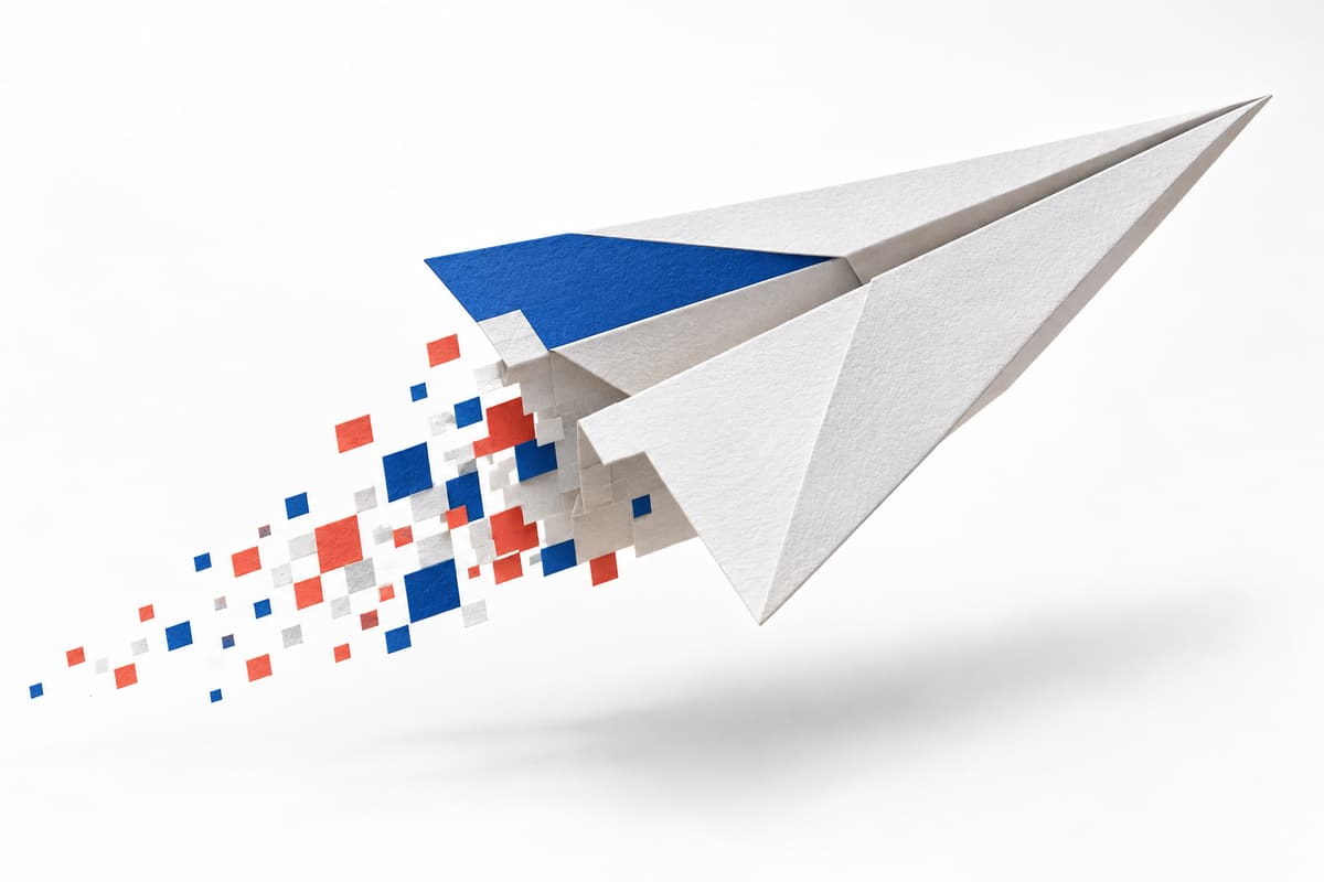 White sculptural paper glider with a blue wing resolving into coral and blue pixel tiles against a bright white background