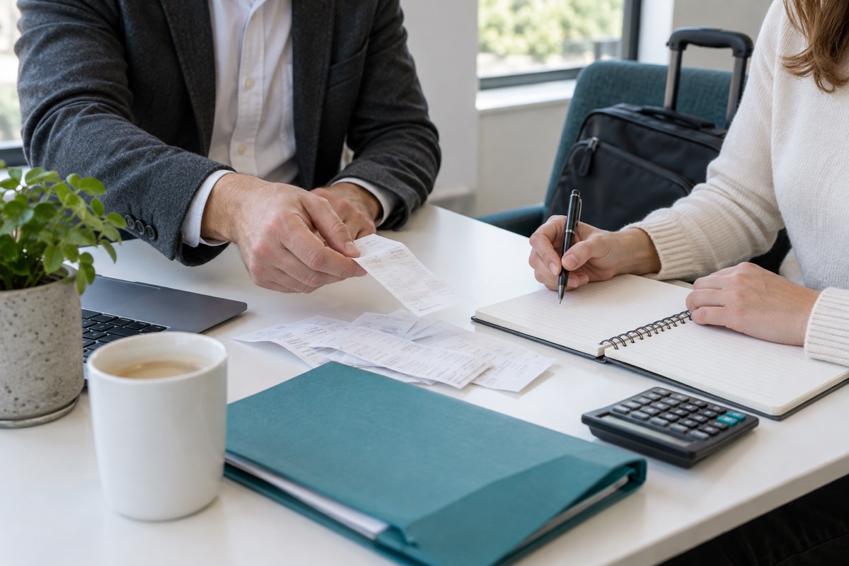 Two fictional people reviewing receipts beside a notebook, calculator, teal folder and travel bag