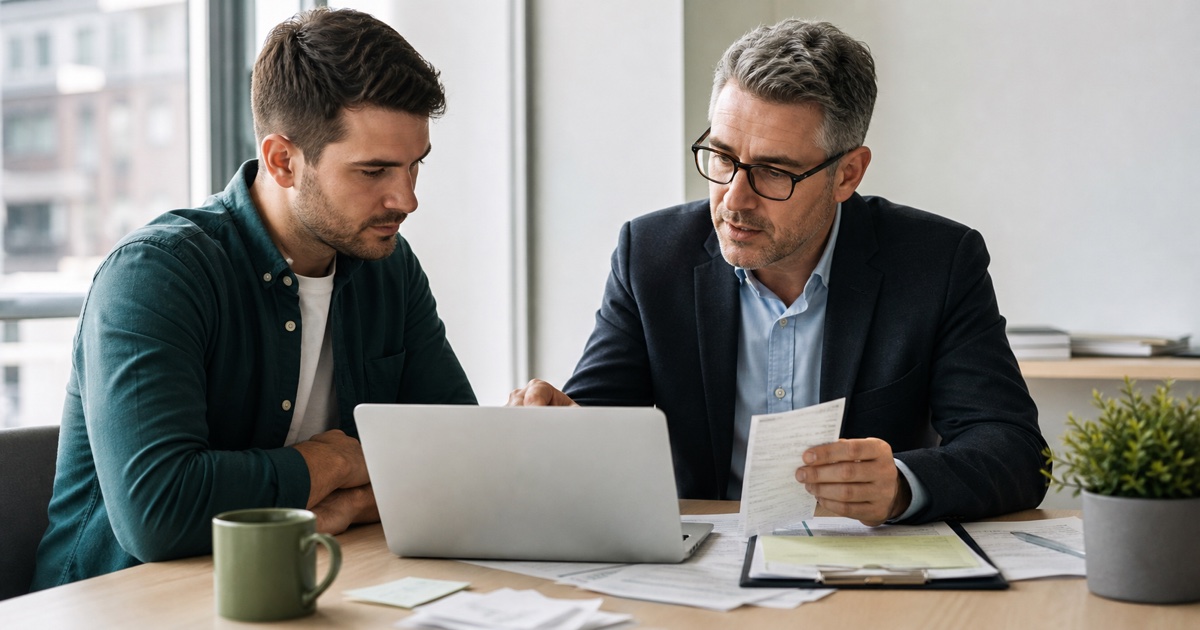 Irish company founder reviewing tax registration and bookkeeping with an accountant