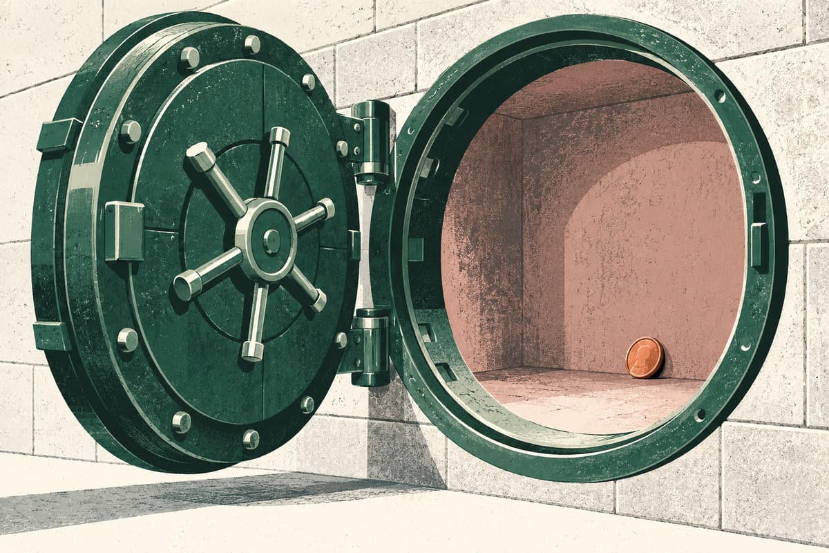 Screenprint-style illustration of an open green circular wall vault with one copper coin remaining inside