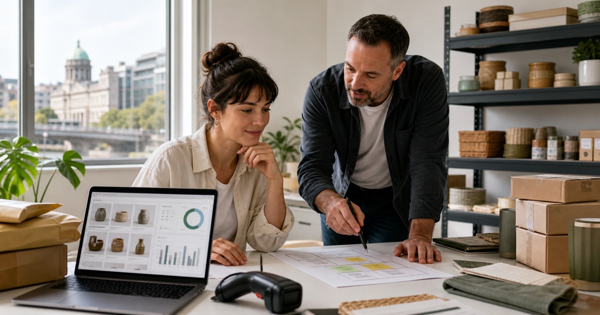 Online seller and adviser planning an Irish ecommerce company with products and parcels in a Dublin studio