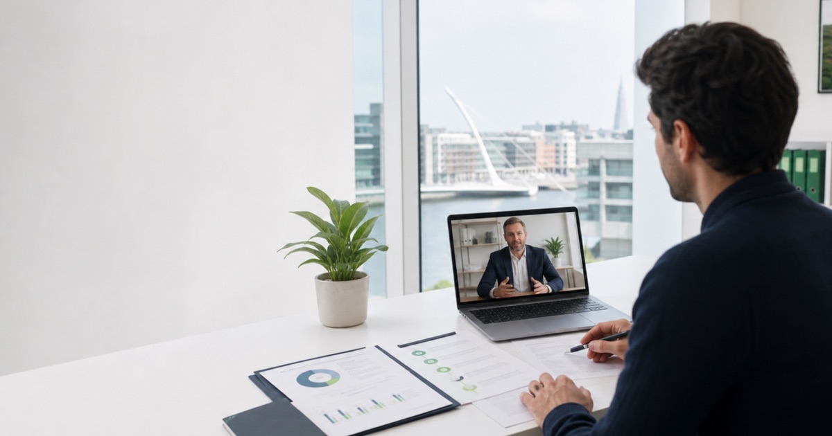 Foreign entrepreneur reviewing Irish company formation documents with an adviser by video call