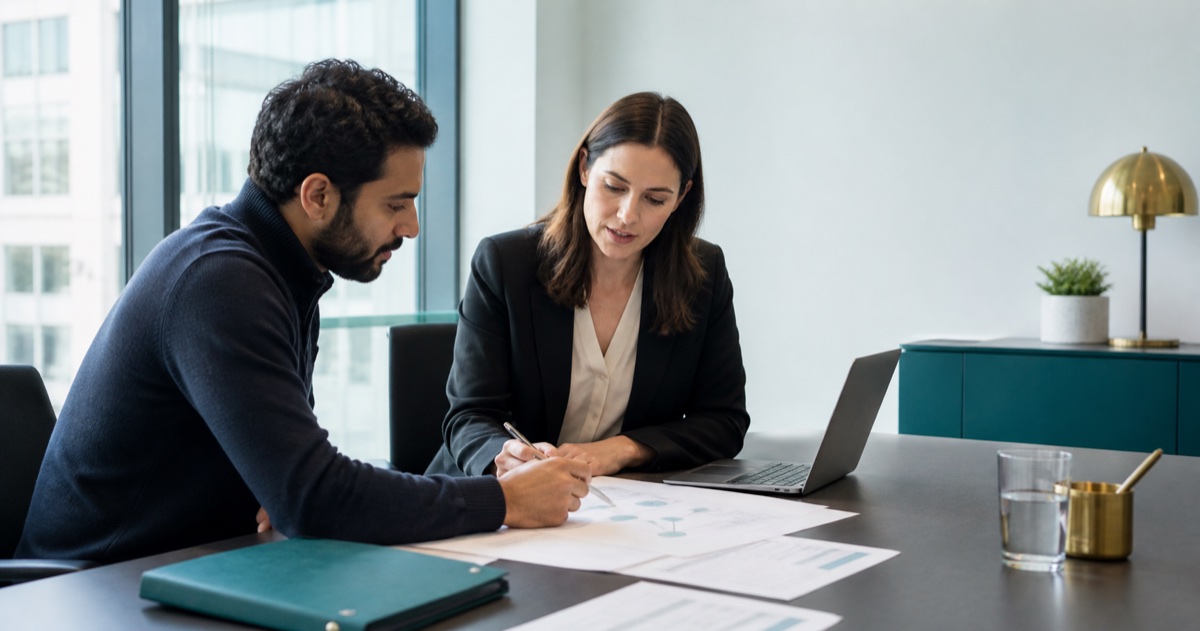 Foreign founder and Irish company adviser reviewing share ownership and beneficial ownership records