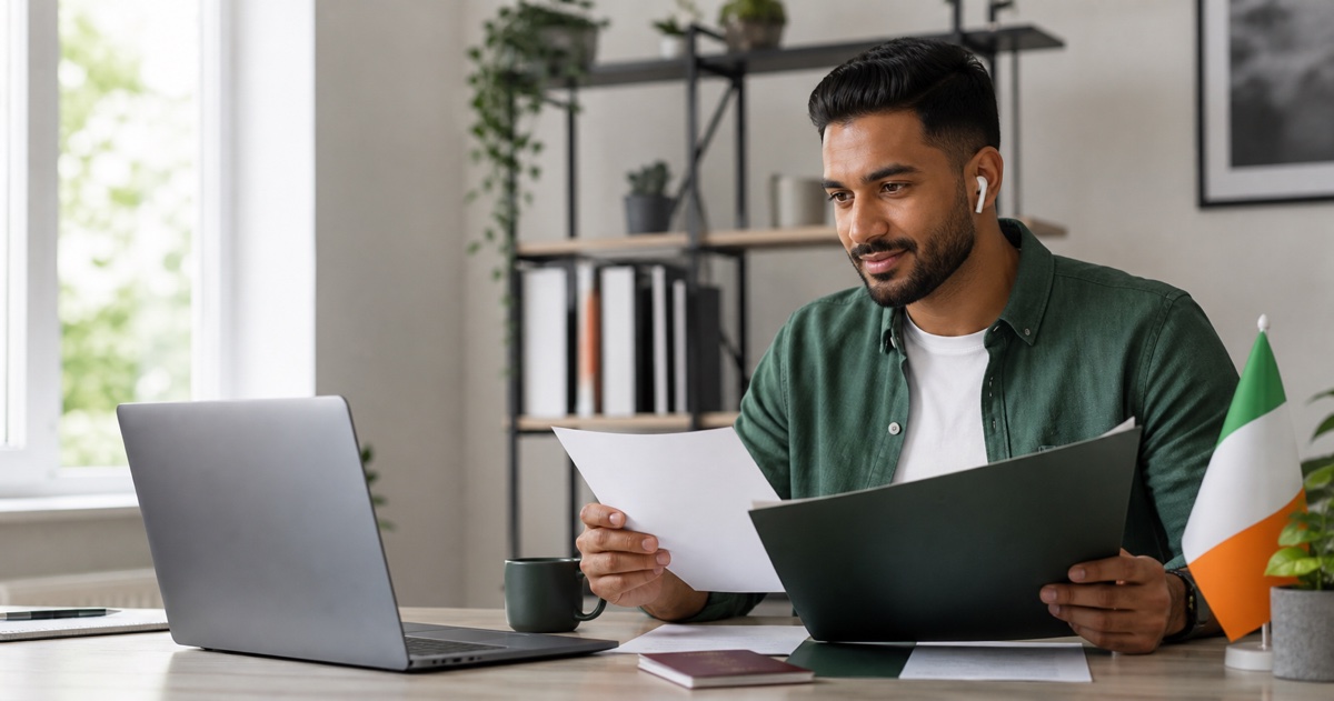Foreign entrepreneur reviewing Irish company formation documents during a remote consultation