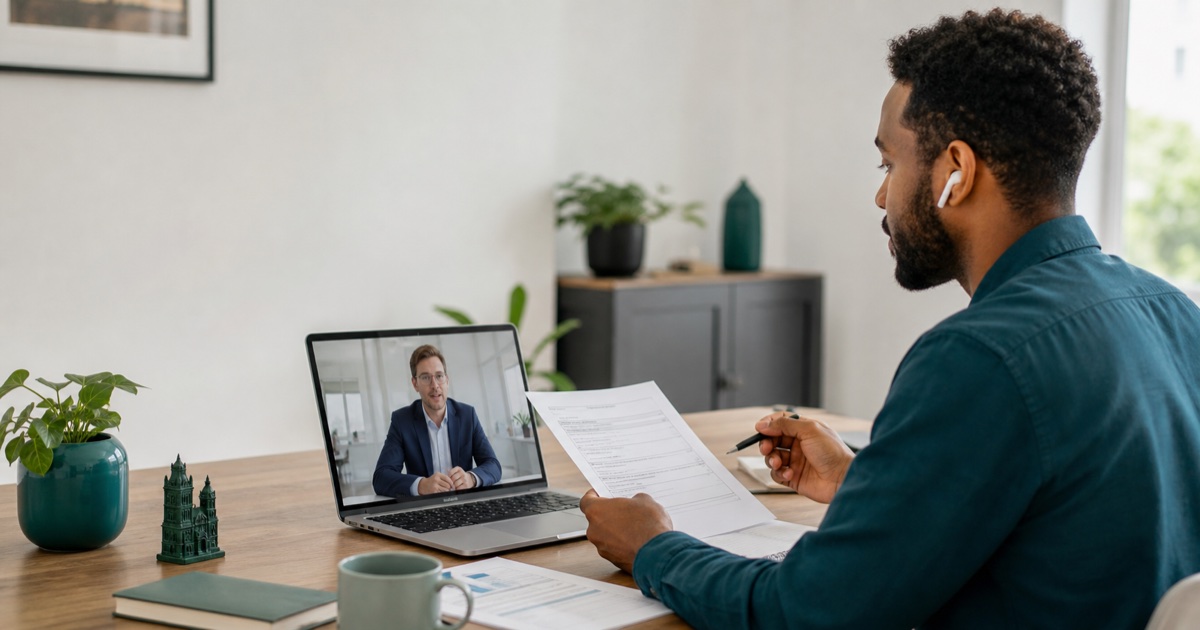Foreign entrepreneur discussing Irish company formation documents with an adviser by video call