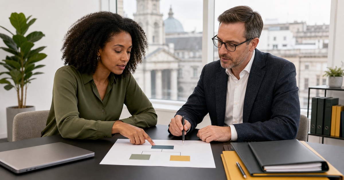 Founder and corporate adviser reviewing an Irish holding company and subsidiary structure in Dublin
