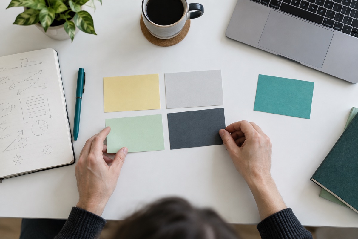 Fictional founder arranging blank coloured shortlist cards beside a notebook and laptop on a white desk