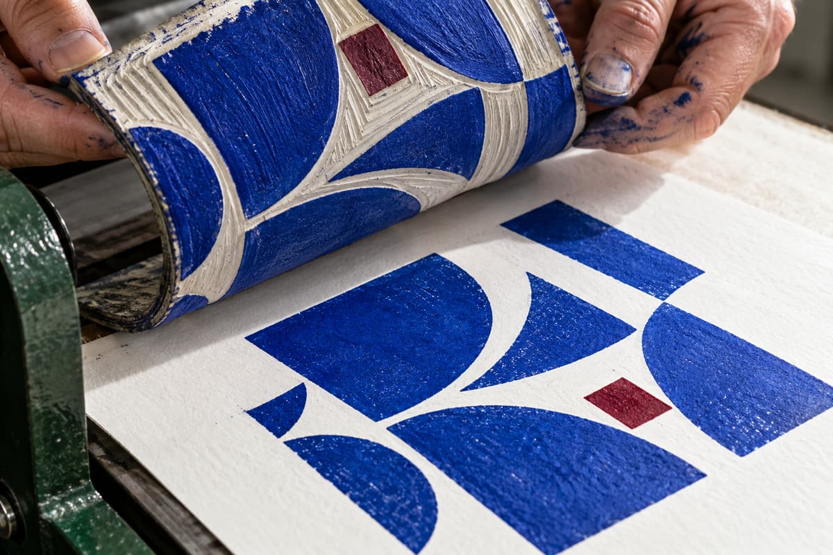 Close-up fictional printmaking scene showing ink-stained hands lifting a carved cobalt geometric block from its printed artwork