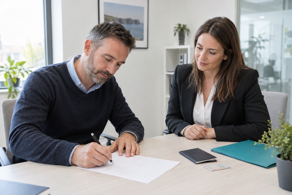 Overseas company director signing paperwork in person with a professional witness beside a closed passport