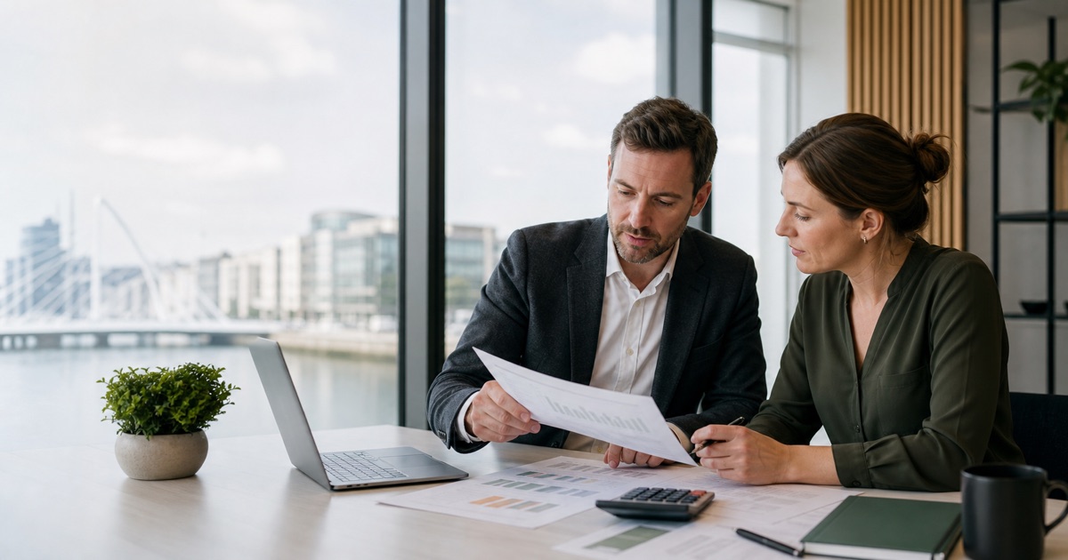 Irish business founder and tax adviser reviewing Corporation Tax figures for a new company